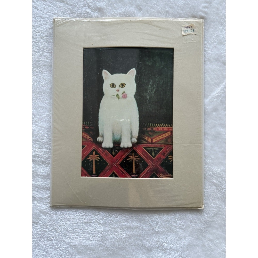 Vintage Folk Art Tile Trivet MCM Decor Martin Leman White Cat‎ Rosebud Unopened